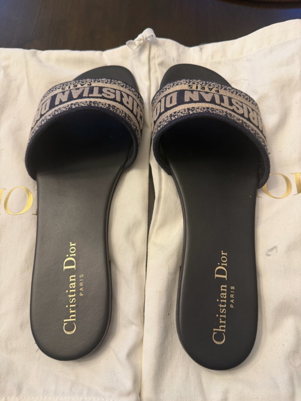 Dior Navy Blue Slide Sandals with Beige Logo Strap - Picture 4 of 5
